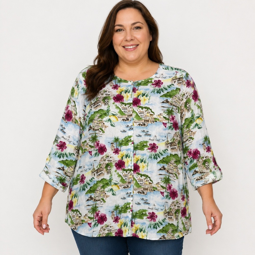 Cynthia Rowley Women's 3X Linen Amalfi‎ Coast Scenic Print Tunic Blouse